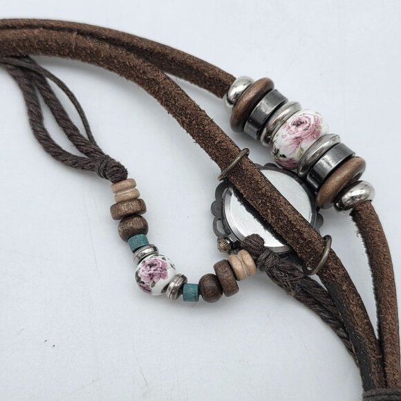 Vintage Tiedan Quartz Leather Wrap Bracelet Watch Floral Beads Boho Design - Picture 7 of 9